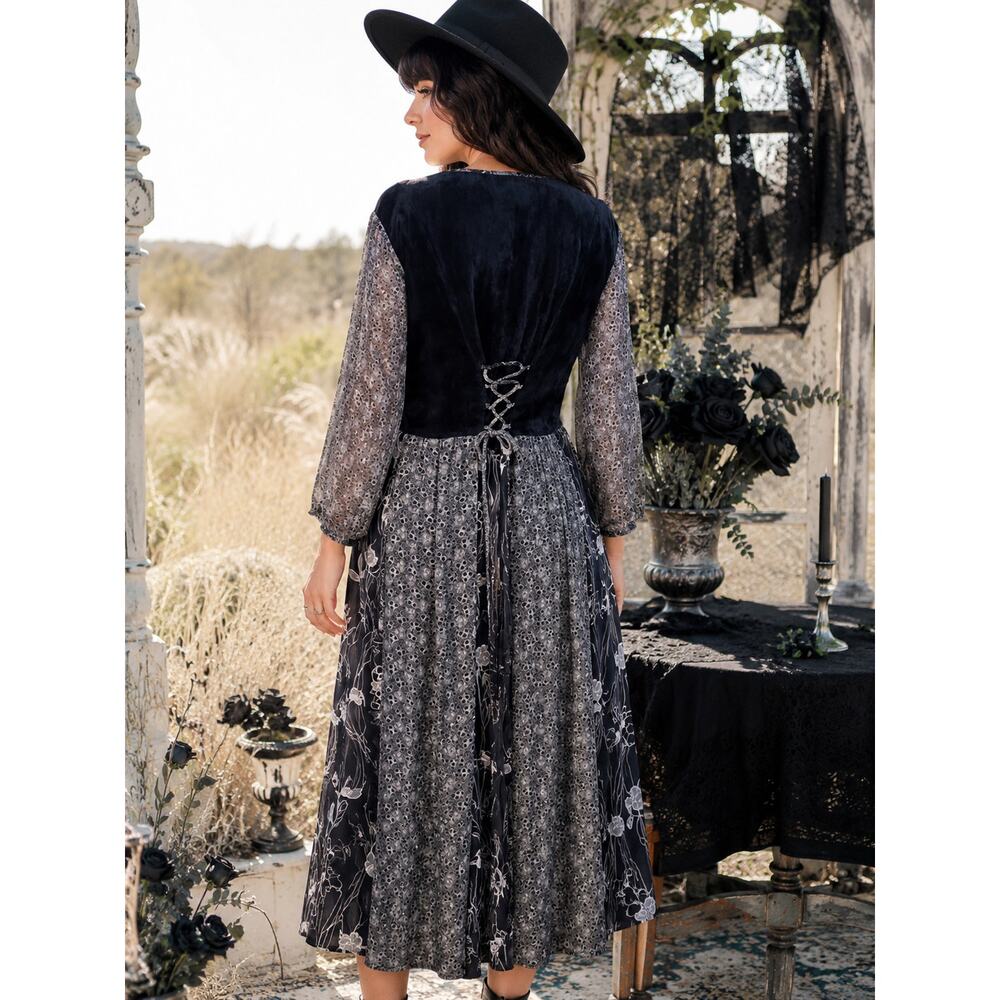 Vintage 1990s M.P.H. Black Velvet Patchwork Midi Dress Whimsigoth Boho Corset - Picture 2 of 10